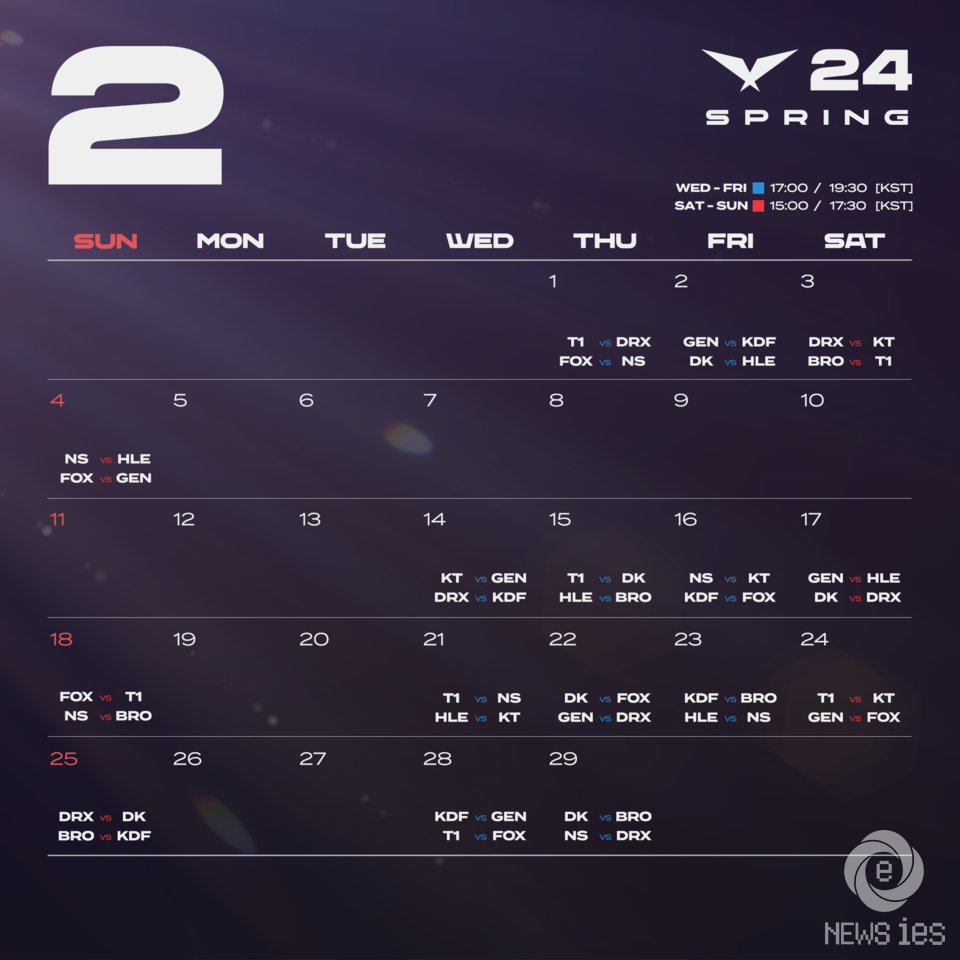 2024 LCK 스프링 대진 및 일정 공개 1월 17일 젠지T1 맞대결…4월 14일 결승전